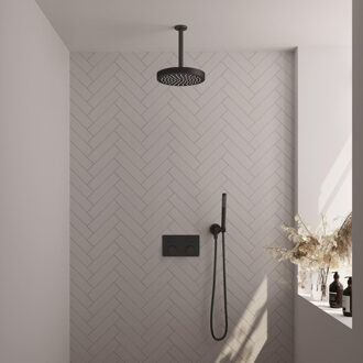 Brauer Stripe Thermostatische Inbouw Regendouche - drukknoppen - SET 27 - 25cm douchekop - plafondarm - staaf handdouche - doucheslang - wandaansluitbocht - mat zwart 5-S-417