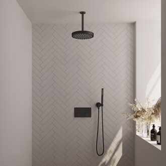 Brauer Stripe Thermostatische Inbouw Regendouche - drukknoppen - SET 27 - 25cm douchekop - plafondarm - staaf handdouche - doucheslang - wandaansluitbocht - mat zwart 5-S-417