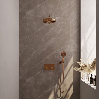 Brauer Stripe Thermostatische Inbouw Regendouche - drukknoppen - SET 28 - 25cm douchekop - rechte muurarm - 3-standen handdouche - doucheslang - wandaansluitbocht - koper geborsteld PVD 5-GK-419