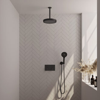 Brauer Stripe Thermostatische Inbouw Regendouche - drukknoppen - SET 30 - 25cm douchekop - plafondarm - 3-standen handdouche - doucheslang - wandaansluitbocht - mat zwart 5-S-423