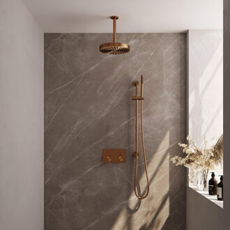 Brauer Stripe Thermostatische Inbouw Regendouche - drukknoppen - SET 33 - 25cm douchekop - plafondarm - staaf handdouche - doucheslang - geïntegreerde glijstang - koper geborsteld PVD 5-GK-429