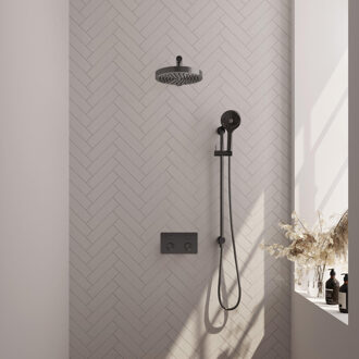 Brauer Stripe Thermostatische Inbouw Regendouche - drukknoppen - SET 34 - 25cm douchekop - rechte muurarm - 3-standen handdouche - doucheslang - geïntegreerde glijstang - gunmetal geborsteld PVD 5-GM-431 gunmetal (antraciet)