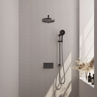 Brauer Stripe Thermostatische Inbouw Regendouche - drukknoppen - SET 34 - 25cm douchekop - rechte muurarm - 3-standen handdouche - doucheslang - geïntegreerde glijstang - gunmetal geborsteld PVD 5-GM-431 gunmetal (antraciet)