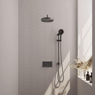 Brauer Stripe Thermostatische Inbouw Regendouche - drukknoppen - SET 35 - 25cm douchekop - gebogen muurarm - 3-standen handdouche - doucheslang - geïntegreerde glijstang - gunmetal geborsteld PVD 5-GM-433 gunmetal (antraciet)