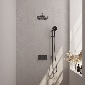 Brauer Stripe Thermostatische Inbouw Regendouche - drukknoppen - SET 35 - 25cm douchekop - gebogen muurarm - 3-standen handdouche - doucheslang - geïntegreerde glijstang - gunmetal geborsteld PVD 5-GM-433 gunmetal (antraciet)