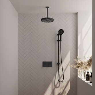 Brauer Stripe Thermostatische Inbouw Regendouche - drukknoppen - SET 36 - 25cm douchekop - plafondarm - 3-standen handdouche - doucheslang - geïntegreerde glijstang - mat zwart 5-S-435