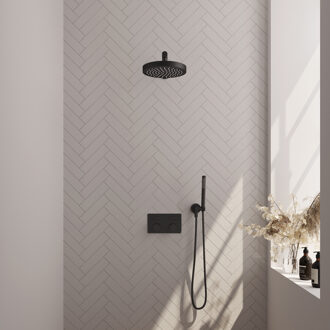 Brauer Stripe thermostatische inbouw regendouche met drukknoppen SET 25 met 25 cm douchekop en rechte muurarm en staaf handdouche en doucheslang en wandaansluitbocht mat zwart