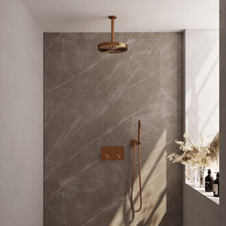 Brauer Stripe thermostatische inbouw regendouche met drukknoppen SET 27 met 25 cm douchekop en plafondarm en staaf handdouche en doucheslang en wandaansluitbocht koper geborsteld PVD