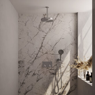 Brauer Stripe thermostatische inbouw regendouche met drukknoppen SET 30 met 25 cm douchekop en plafondarm en 3-standen handdouche en doucheslang en wandaansluitbocht RVS-kleurig geborsteld PVD