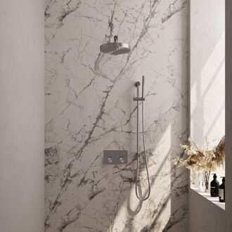 Brauer Stripe thermostatische inbouw regendouche met drukknoppen SET 31 met 25 cm douchekop en rechte muurarm en staaf handdouche en doucheslang en geintegreerde glijstang RVS-kleurig geborsteld PVD