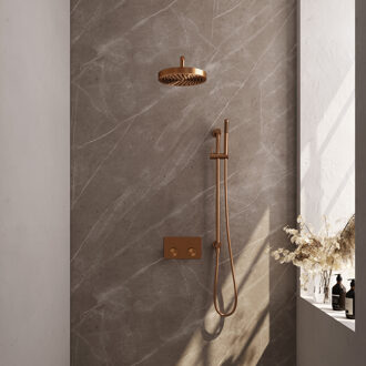 Brauer Stripe thermostatische inbouw regendouche met drukknoppen SET 32 met 25 cm douchekop en gebogen muurarm en staaf handdouche en doucheslang en geintegreerde glijstang koper geborsteld PVD