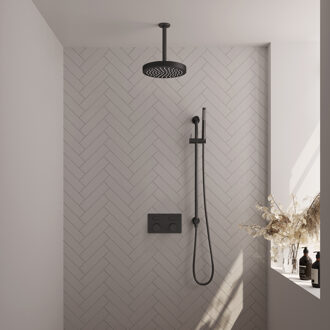 Brauer Stripe thermostatische inbouw regendouche met drukknoppen SET 33 met 25 cm douchekop en plafondarm en staaf handdouche en doucheslang en geintegreerde glijstang mat zwart