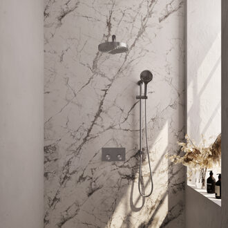 Brauer Stripe thermostatische inbouw regendouche met drukknoppen SET 34 met 25 cm douchekop en rechte muurarm en 3-standen handdouche en doucheslang en geintegreerde glijstang RVS-kleurig geborsteld PVD