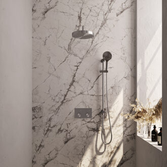 Brauer Stripe thermostatische inbouw regendouche met drukknoppen SET 35 met 25 cm douchekop en gebogen muurarm en 3-standen handdouche en doucheslang en geintegreerde glijstang RVS-kleurig geborsteld PVD