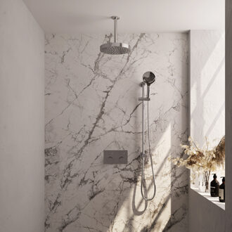 Brauer Stripe thermostatische inbouw regendouche met drukknoppen SET 36 met 25 cm douchekop en plafondarm en 3-standen handdouche en doucheslang en geintegreerde glijstang chroom