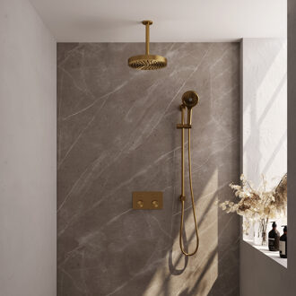 Brauer Stripe thermostatische inbouw regendouche met drukknoppen SET 36 met 25 cm douchekop en plafondarm en 3-standen handdouche en doucheslang en geintegreerde glijstang goud geborsteld PVD