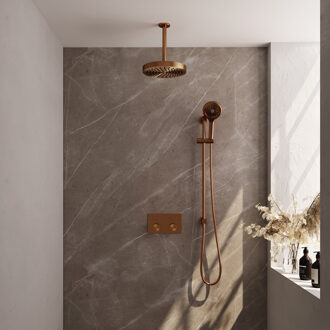 Brauer Stripe thermostatische inbouw regendouche met drukknoppen SET 36 met 25 cm douchekop en plafondarm en 3-standen handdouche en doucheslang en geintegreerde glijstang koper geborsteld PVD