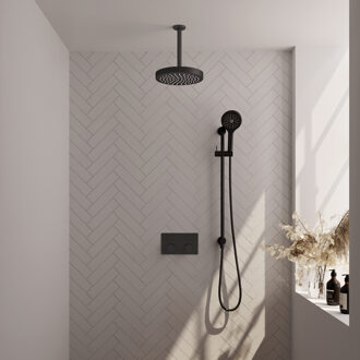 Brauer Stripe thermostatische inbouw regendouche met drukknoppen SET 36 met 25 cm douchekop en plafondarm en 3-standen handdouche en doucheslang en geintegreerde glijstang mat zwart