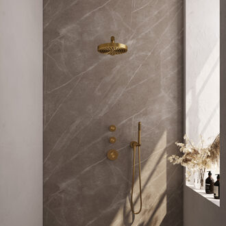 Brauer Stripe Thermostatische Inbouw Regendouche - SET 01 - 25cm douchekop - rechte muurarm - staaf handdouche - doucheslang - wandaansluitbocht - goud geborsteld PVD 5-GG-365