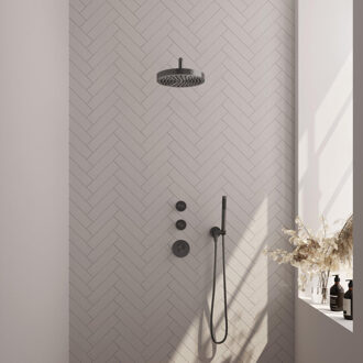 Brauer Stripe Thermostatische Inbouw Regendouche - SET 02 - 25cm douchekop - gebogen muurarm - staaf handdouche - doucheslang - wandaansluitbocht - gunmetal geborsteld PVD 5-GM-367 gunmetal (antraciet)