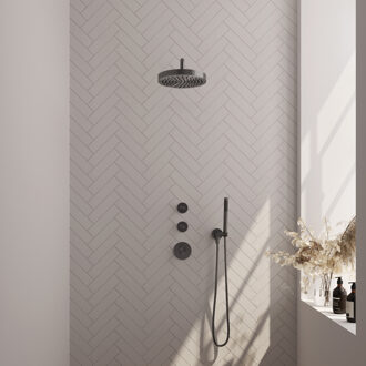Brauer Stripe Thermostatische Inbouw Regendouche - SET 02 - 25cm douchekop - gebogen muurarm - staaf handdouche - doucheslang - wandaansluitbocht - gunmetal geborsteld PVD 5-GM-367 gunmetal (antraciet)
