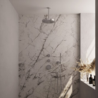 Brauer Stripe thermostatische inbouw regendouche SET 03 met 25 cm douchekop en plafondarm en staaf handdouche en doucheslang en wandaansluitbocht chroom