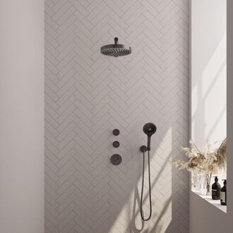 Brauer Stripe Thermostatische Inbouw Regendouche - SET 04 - 25cm douchekop - rechte muurarm - 3-standen handdouche - doucheslang - wandaansluitbocht - gunmetal geborsteld PVD 5-GM-371 gunmetal (antraciet)