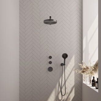 Brauer Stripe Thermostatische Inbouw Regendouche - SET 04 - 25cm douchekop - rechte muurarm - 3-standen handdouche - doucheslang - wandaansluitbocht - gunmetal geborsteld PVD 5-GM-371 gunmetal (antraciet)