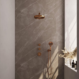 Brauer Stripe Thermostatische Inbouw Regendouche - SET 04 - 25cm douchekop - rechte muurarm - 3-standen handdouche - doucheslang - wandaansluitbocht - koper geborsteld PVD 5-GK-371