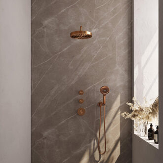Brauer Stripe Thermostatische Inbouw Regendouche - SET 05 - 25cm douchekop - gebogen muurarm - 3-standen handdouche - doucheslang - wandaansluitbocht - koper geborsteld PVD 5-GK-373
