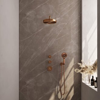Brauer Stripe Thermostatische Inbouw Regendouche - SET 05 - 25cm douchekop - gebogen muurarm - 3-standen handdouche - doucheslang - wandaansluitbocht - koper geborsteld PVD 5-GK-373