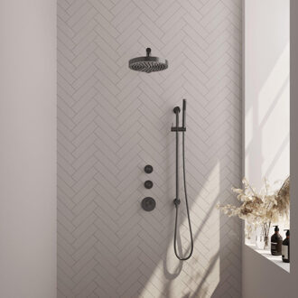 Brauer Stripe Thermostatische Inbouw Regendouche - SET 07 - 25cm douchekop - rechte muurarm - staaf handdouche - doucheslang - geïntegreerde glijstang - gunmetal geborsteld PVD 5-GM-377 gunmetal (antraciet)