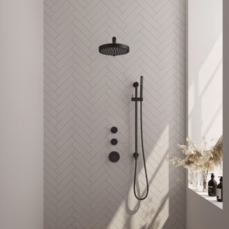Brauer Stripe thermostatische inbouw regendouche SET 07 met 25 cm douchekop en rechte muurarm en staaf handdouche en doucheslang en geintegreerde glijstang mat zwart