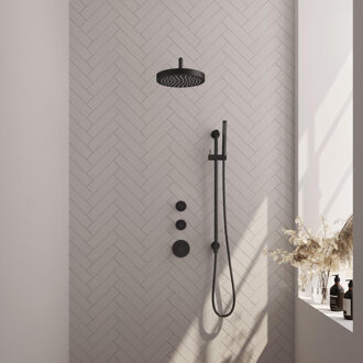 Brauer Stripe Thermostatische Inbouw Regendouche - SET 08 - 25cm douchekop - gebogen muurarm - staaf handdouche - doucheslang - geïntegreerde glijstang - mat zwart 5-S-379