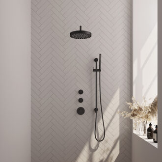Brauer Stripe thermostatische inbouw regendouche SET 08 met 25 cm douchekop en gebogen muurarm en staaf handdouche en doucheslang en geintegreerde glijstang mat zwart