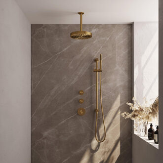 Brauer Stripe Thermostatische Inbouw Regendouche - SET 09 - 25cm douchekop - plafondarm - staaf handdouche - doucheslang - geïntegreerde glijstang - goud geborsteld PVD 5-GG-381