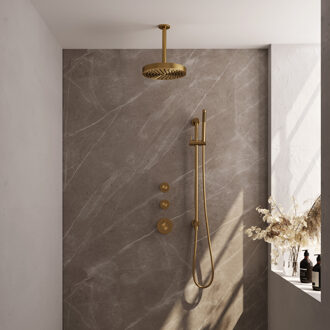Brauer Stripe thermostatische inbouw regendouche SET 09 met 25 cm douchekop en plafondarm en staaf handdouche en doucheslang en geintegreerde glijstang goud geborsteld PVD