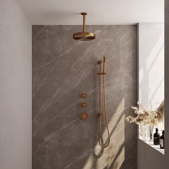 Brauer Stripe thermostatische inbouw regendouche SET 09 met 25 cm douchekop en plafondarm en staaf handdouche en doucheslang en geintegreerde glijstang koper geborsteld PVD