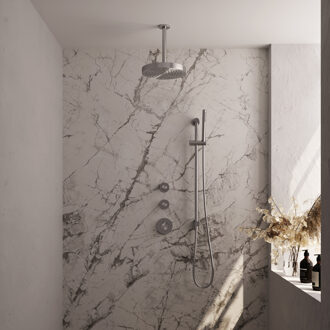 Brauer Stripe thermostatische inbouw regendouche SET 09 met 25 cm douchekop en plafondarm en staaf handdouche en doucheslang en geintegreerde glijstang RVS-kleurig geborsteld PVD