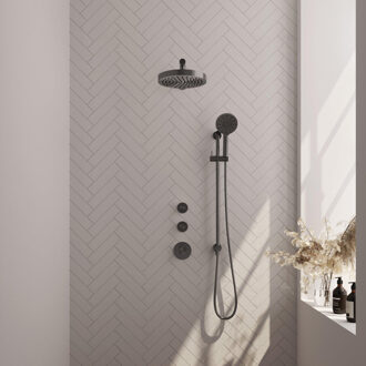 Brauer Stripe Thermostatische Inbouw Regendouche - SET 10 - 25cm douchekop - rechte muurarm - 3-standen handdouche - doucheslang - geïntegreerde glijstang - gunmetal geborsteld PVD 5-GM-383 gunmetal (antraciet)