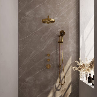 Brauer Stripe thermostatische inbouw regendouche SET 10 met 25 cm douchekop en rechte muurarm en 3-standen handdouche en doucheslang en geintegreerde glijstang goud geborsteld PVD