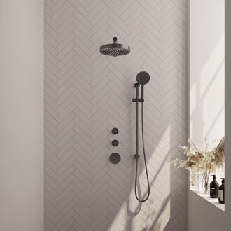 Brauer Stripe thermostatische inbouw regendouche SET 10 met 25 cm douchekop en rechte muurarm en 3-standen handdouche en doucheslang en geintegreerde glijstang gunmetal geborsteld PVD
