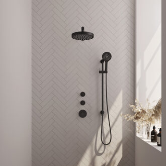 Brauer Stripe thermostatische inbouw regendouche SET 10 met 25 cm douchekop en rechte muurarm en 3-standen handdouche en doucheslang en geintegreerde glijstang mat zwart