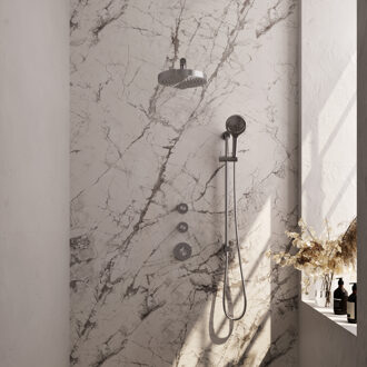 Brauer Stripe thermostatische inbouw regendouche SET 10 met 25 cm douchekop en rechte muurarm en 3-standen handdouche en doucheslang en geintegreerde glijstang RVS-kleurig geborsteld PVD