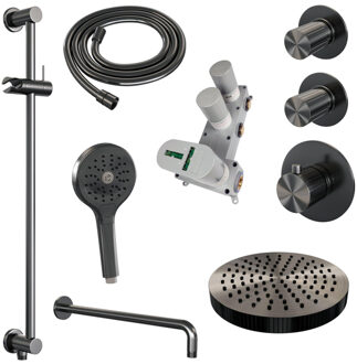 Brauer Stripe Thermostatische Inbouw Regendouche - SET 11 - 25cm douchekop - gebogen muurarm - 3-standen handdouche - doucheslang - geïntegreerde glijstang - gunmetal geborsteld PVD 5-GM-385 gunmetal (antraciet)