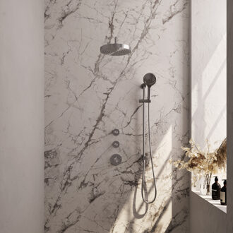 Brauer Stripe thermostatische inbouw regendouche SET 11 met 25 cm douchekop en gebogen muurarm en 3-standen handdouche en doucheslang en geintegreerde glijstang RVS-kleurig geborsteld PVD