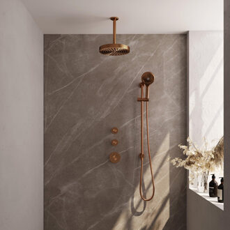 Brauer Stripe Thermostatische Inbouw Regendouche - SET 12 - 25cm douchekop - plafondarm - 3-standen handdouche - doucheslang - geïntegreerde glijstang - koper geborsteld PVD 5-GK-387
