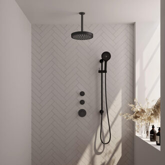 Brauer Stripe Thermostatische Inbouw Regendouche - SET 12 - 25cm douchekop - plafondarm - 3-standen handdouche - doucheslang - geïntegreerde glijstang - mat zwart 5-S-387