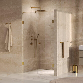 Brauer Void Carving Nisdeur - 2-delig - 110x200cm - 60cm draaideur aan muur - glascoating - omkeerbaar - helder glas - geborsteld goud PVD GS-VOCN2H6050200GG Goud geborsteld