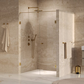 Brauer Void Carving Nisdeur - 2-delig - 130x200cm - 60cm draaideur aan muur - glascoating - omkeerbaar - helder glas - geborsteld goud PVD GS-VOCN2H6070200GG Goud geborsteld